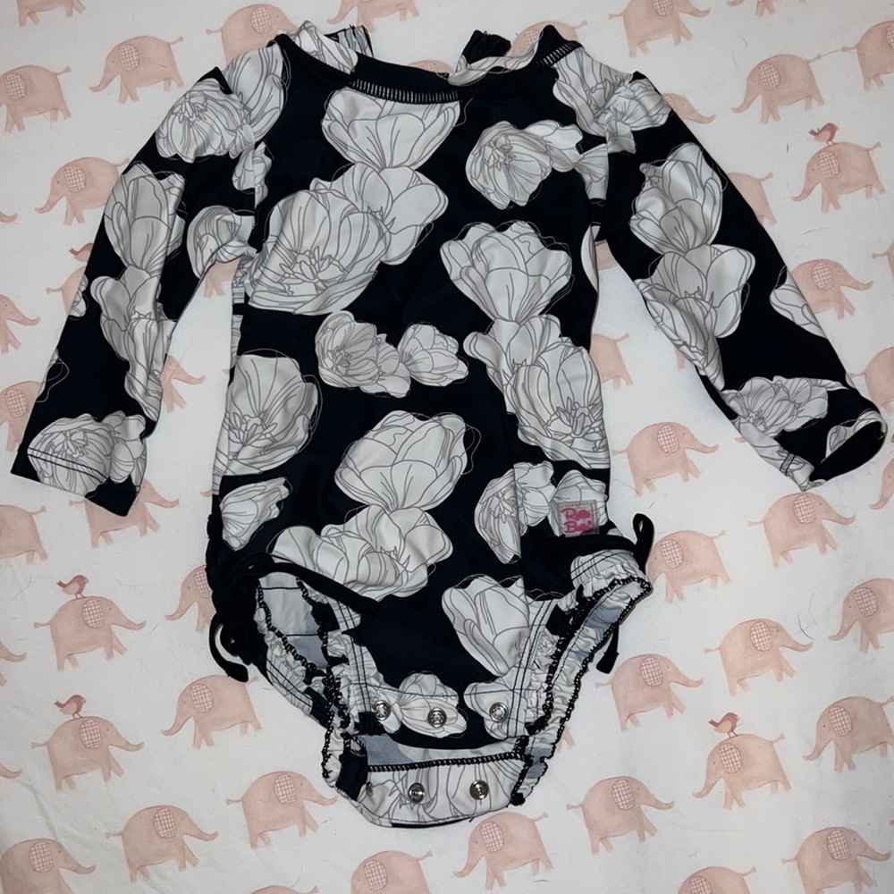 Ruffle Butts black and white one piece long sleeve swimsuit girls 6-12M